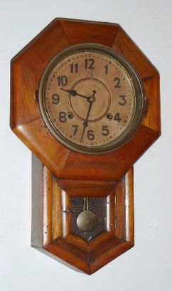 Japanese, Mini School Clock, short drop octagon, time and gong strike, 8-day, spring. C.1910. — Antique Clocks Price Guide