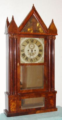 Spencer, Hotchkiss and Co, Salem Bridge, Conn, 4 column Steeple shelf clock, with mirror in the large spire. "Late style" 2-wt movement on seat board. C.1835. — Antique Clocks Price Guide
