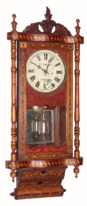 Anglo American inlaid wall clock, rolling pin bottom, and English case with imported New Haven movement, 8-day spring. Clock makers in the British midlands took advantage of the $1 American movements that worked well in their attractive cases. An English movement would have cost them over ten times as much. C.1875. — Antique Clocks Price Guide