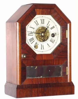 Seth Thomas Clock Co., "Octagon Top", 30-hour time/alarm cottage timepiece with a C-type movement, and early beveled edge bottom. C. 1860. — Antique Clocks Price Guide