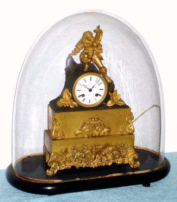 French, bronze and fire gilt figural mantel clock, 8-day time and bell strike, Young Explorer with Flag, and with cracked dome that Len had over it to keep it clean. C.1850. — Antique Clocks Price Guide