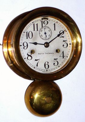 Seth Thomas Clock Co., "MONITOR", 30-hour lever movement time and ship's bell strike, outside bell, wall clock. Circa 1935. — Antique Clocks Price Guide