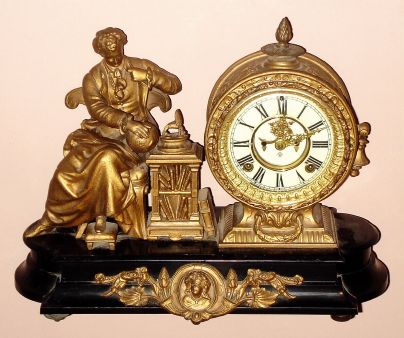 Ansonia Clock Co., "Newton", 8-day figural mantel clock, open escapement on the dial, Circa 1894 — Antique Clocks Price Guide