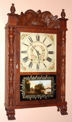 Elisha Hotchkiss, Burlington, Conn., 30-hour time/strike wood movement shelf clock, carved column and splat, short. Circa 1830 — Antique Clocks Price Guide