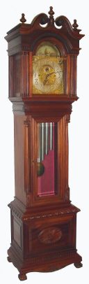 Mahogany tall case, with ball and claw feet and double columns on the hood, probably by Colonial, now with a W. H. Durfee 9-tube movement (signed on rear of rolling moon), and with Waltham signed tubes, all C.1910 — Antique Clocks Price Guide