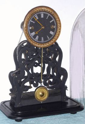 Atkins and Whiting, iron framed, Wagon Spring (Ives patent) skeleton timepiece under glass dome, C.1855 — Antique Clocks Price Guide