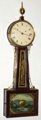 Late 1800s, a Massachusetts Banjo timepiece, weight driven, 8-day, with restorations. — Antique Clocks Price Guide