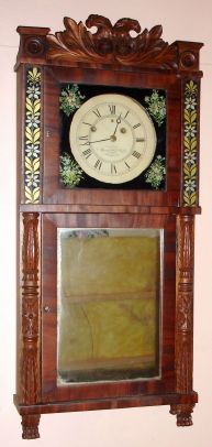 Munger and Benedict, Auburn, NY, carved column and splat shelf clock, 2-wt, 8-day, with nice double head eagle splat and reverse painted floral decorations on either side of the dial. C.1830 — Antique Clocks Price Guide