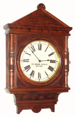 Self Winding Clock Co., NY, GALLERY No. 10, in cherry, battery driven timepiece with Style A self winding movement with Graham escapement, C.1887 — Antique Clocks Price Guide