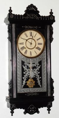 Ansonia Clock Co., "Dispatch", 8-day time and strike wall clock, black/ebony with highlights, Circa 1883 — Antique Clocks Price Guide
