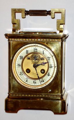 French, Oversize carriage clock, with fancy platform/lever on the dial below 12. Also with compass and thermometer set into the top of the case, showing both Fahrenheit and Reumer scales, striking on a gong, retailed by the White House in San Francisco, C.1900 — Antique Clocks Price Guide