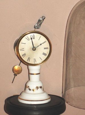 S. N. Botsford, Southington, CT. 30-hour candlestick, timepiece movement atop glass stand, Botsford made these at the Union Labor Company, this info will be in new Spittler + Bailey "American Clockmakers" Circa 1860 — Antique Clocks Price Guide