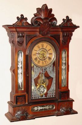 William L. Gilbert Clock Co., "Amphion", 8-day time/strike/alarm mantel clock. Circa 1884 — Antique Clocks Price Guide