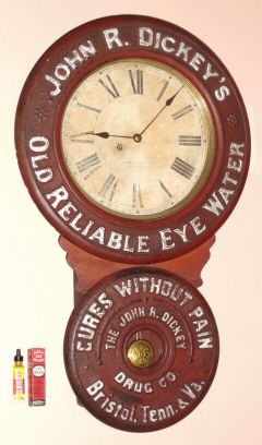 Baird Clock Co., Plattsburgh, NY, advertising clock for "John R. Dickey's Old Reliable Eye Water", along with an original bottle with eye dropper, still full of wash, and in the original box, C.1894, — Antique Clocks Price Guide