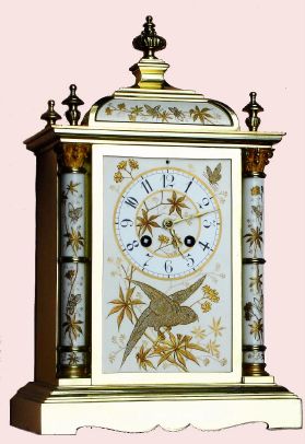 French, marked "Rack" and 'French make', a nickel finished bronze clock with aviary panels, time and strike, 8-day, serial 10030, and with matching number pendulum, "Paris" on dial, C.1895. — Antique Clocks Price Guide