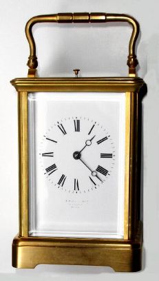 French, Margaine, Brass cased carriage clock, a five minute repeater, striking the hours and halves on a gong and repeating with the 5 minute increments on a bell, serial No. 6956, retailed by A. Stowell and Co, Boston, whose name is barely visible on the dial, C.1900 — Antique Clocks Price Guide