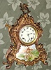 New Haven Clock Co., ROSEMONT, gilt spelter mantel clock, with a shaped plaque showing a boy fishing in front of a country cottage, girl watching, 8-day time and strike. C.1913.