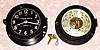 Chelsea Wartime SHIPS BELL, for the U. S. Maritime Commission, 6" dial in a bake-lite case with metal reinforcement, serial No. 390135, and with /almost/ matching bakelite cased barometer. (two items). C.1942.