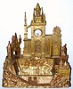 Mid 19th Century, French or Swiss, Clock in the form of a Cathedral complex, a mirrored pond in front of the church, formerly with music box, now absent.