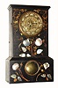 Terry and Andrews (Ansonia Clock Co.), iron cased shelf clock with MOP decorations, 8-day time and strike. Anson Phelps persuaded Terry and Andrews to move to Ansonia to produce clocks in 1850. The factory was destroyed in 1854. Clocks produced in that short time have Terry and Andrews movements and dials that say Ansonia Clock Co. The later Ansonia Clock Co was not formed until 1877. C.1852.