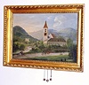 Austrian, Grand Sonnerie Picture clock, pull wind, and the dial for the clock showing on the church tower in the painting. The scene typical of an Alpine village in southern Austria, and with 9 total people in various activities, tending cows, in carriage, carrying freight. C.1840.