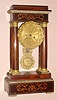 French, 4-Column Empire Portico clock, rosewood with inlaid floral design, 8-day, bell strike, C.1880.