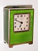 Swiss, Lemania Watch Co, for "ANGELUS" (on dial), tiny 8-day shelf clock in a green guilloche enamel case with hinged back and rear wind 8-day jeweled movement, C.1950