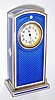 Swiss, miniature mantel clock, Royal Blue guilloche enamel over hallmarked silver, and with contrasting white strips and a white diamond shaped inset on each side, with rear wind and set lever movement, C.1935