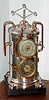 French, Steam Boiler automaton from Guilmet's industrial series, a cylindrical boiler with riveted top, surmounted by a rotating "governor", powered by a separate movement, wound from the rear. Timepiece movement, sets in "fire-box", and is wound from the front, and with a barometer above. C.1885