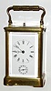 French, Brass cased carriage clock, time, strike, alarm and repeat, in a plain Corniche case, with original travel case which has losses, C.1900.