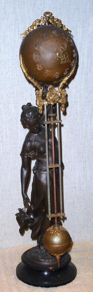 Ansonia Clock Co. New York, C.1895, "HUNTRESS" swinging arm timepiece, 8-day, the movement contained within the ball at top, and the entire arm swinging to keep time. — Antique Clocks Price Guide