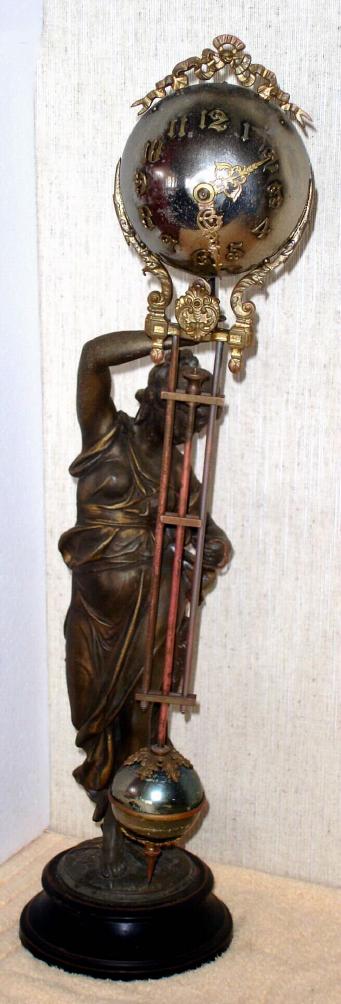 Ansonia Clock Co. New York, C.1895, "FISHER" {woman}, swinging arm timepiece, 8-day, the movement contained within the ball at top, the entire arm swinging without apparent impulse. Note the Fisher has her right arm up to support the ball, while the Huntress has her left arm raised. This is correct. — Antique Clocks Price Guide