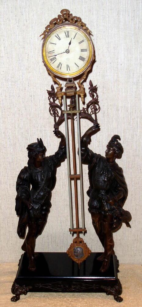 Ansonia Clock Co., New York, C.1880, "FISHER and FALCONER" double figure swing clock, with canister style arm. — Antique Clocks Price Guide