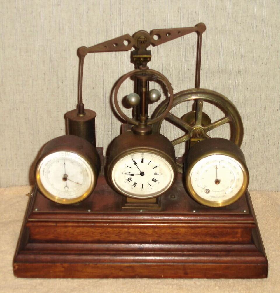 French, Clock / Automaton with Barometer and Thermometer, C.1880. This is a well made and interesting piece, wound through the bottom, and actuated with a pull to the left side which allows the "steam pump" to run for a few minutes, one revolution of the great wheel, then stop. The clock is a souvenir level, oval dial timepiece with cylinder platform. — Antique Clocks Price Guide