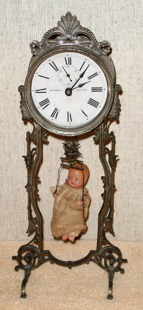Ansonia Clock Co.., Brooklyn, New York, "JUMPER No. 2", 1-day spring novelty, with replacement doll. — Antique Clocks Price Guide