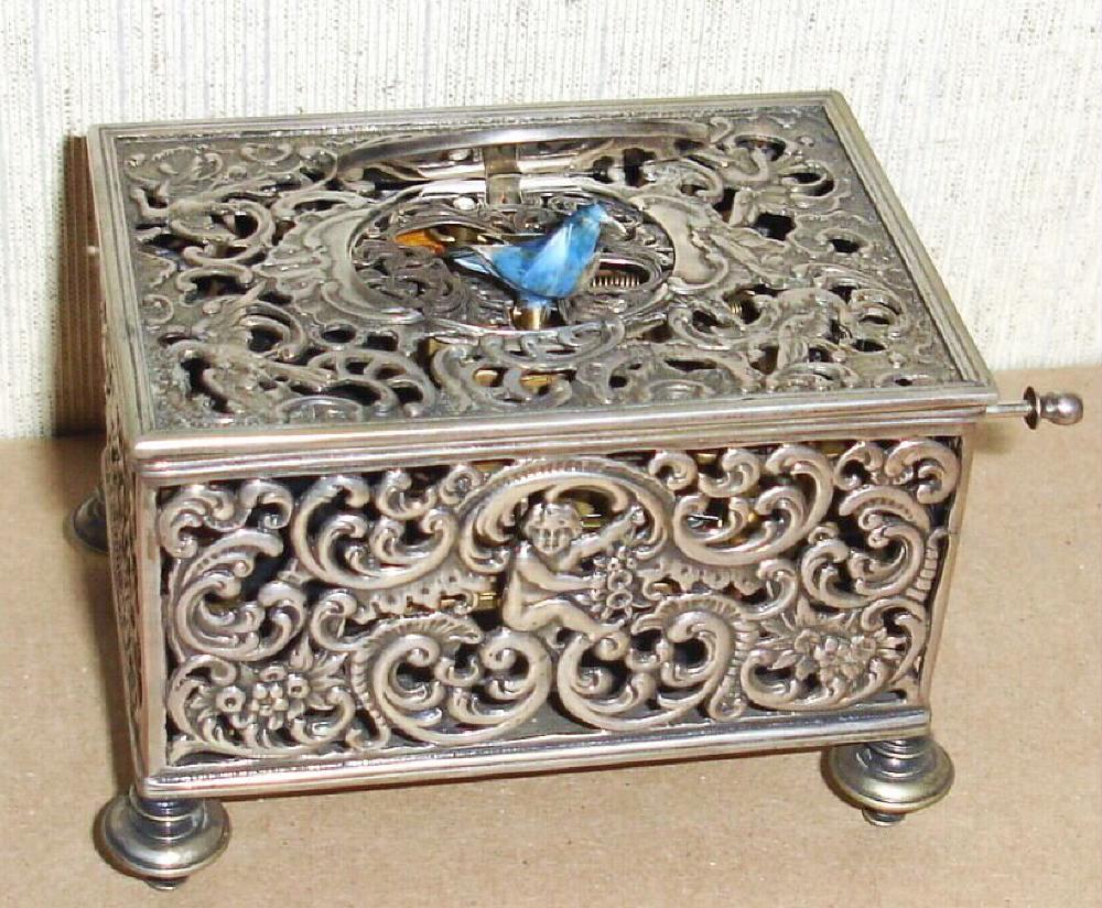 German, Singing Bird box, C.1995, an 800 silver box, nicely embosses and silvered, as-found — Antique Clocks Price Guide