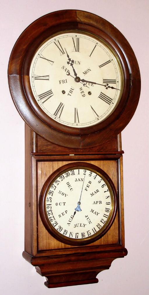 Welch, Spring and Co., "No. 4 Round Head Regulator", Circa 1885, 8-day time/strike double dial calendar wall clock, spring mov't. — Antique Clocks Price Guide
