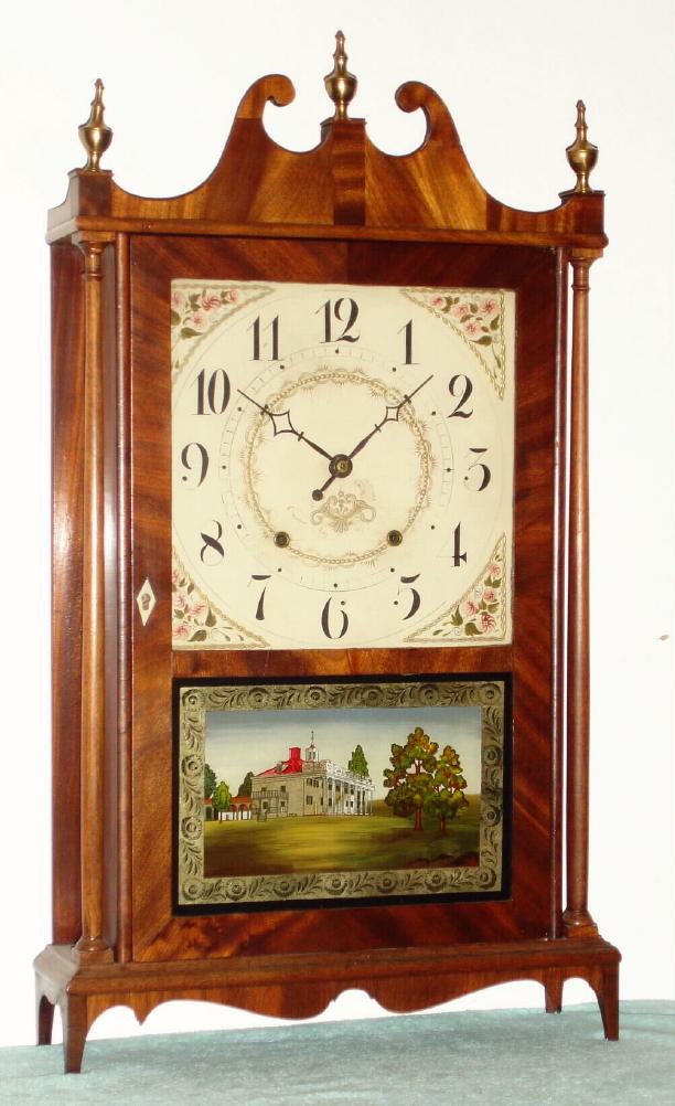 Seth Thomas, Plymouth, Conn., Circa 1825, 30-hour time/strike wood movement pillar and scroll shelf clock, with a later tablet of Mt. Vernon. — Antique Clocks Price Guide