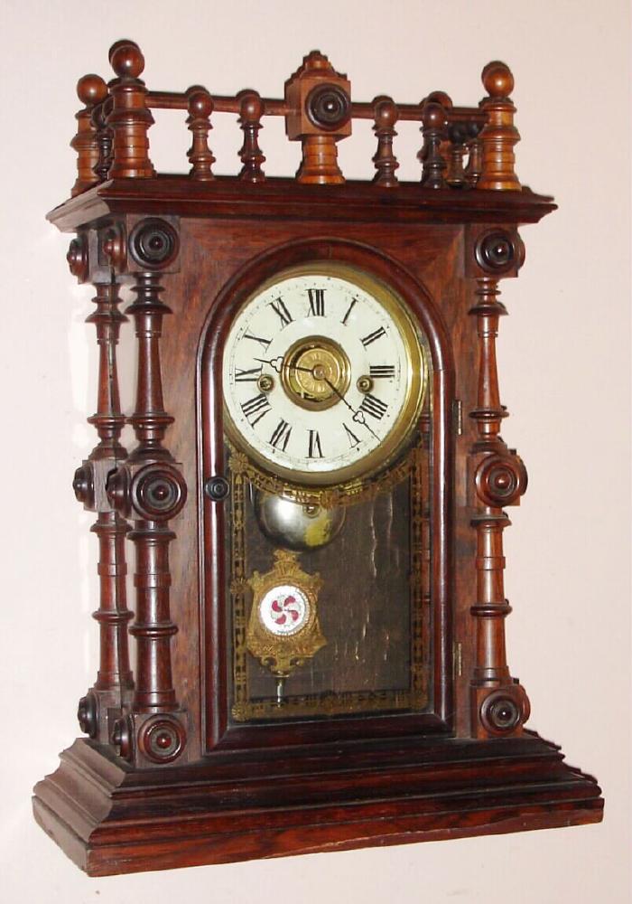 Welch, Spring and Co., "Gerster V.P.", Circa 1880, 8-day time/strike/alarm rosewood case mantel clock, in this model the alarm spring is inside and wound from the center of the bell. — Antique Clocks Price Guide