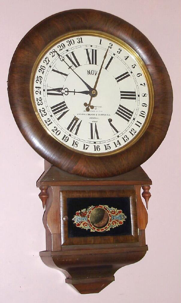 Ansonia Brass and Copper Co., "Drop Extra Calendar", Circa 1883, 8-day time/strike Terry's Patent wall calendar clock. — Antique Clocks Price Guide