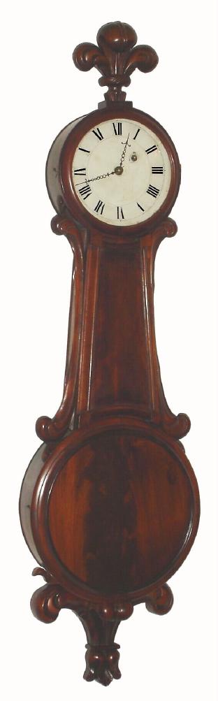 Vermont area, Mahogany Girandole with crotch mahogany throat and door panels, 8-day, weight, time, possibly by J. N. Dunning, C. 1830, and with restorations. — Antique Clocks Price Guide