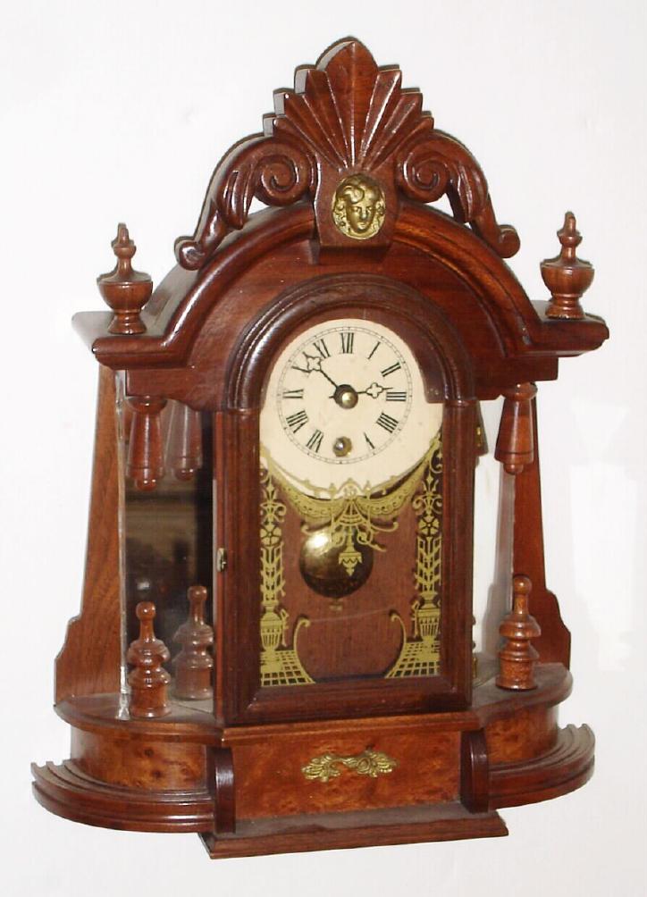 Jim Davis, Greensboro, NC, C.1975, miniature "mirror-side" shelf clock, walnut cased with German 8-day time only mov't. — Antique Clocks Price Guide