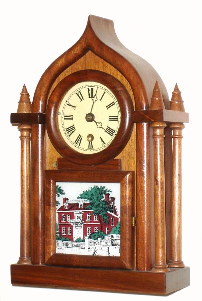 Jim Davis, Greensboro, NC, C.1975, miniature "ONION TOP" shelf clock, , 4-candle sticks, walnut cased with German 8-day time only mov't. — Antique Clocks Price Guide