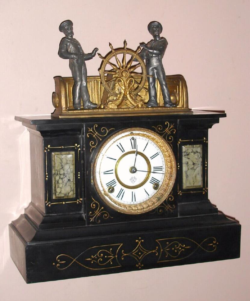 Ansonia Clock Co., New York, "MECHANICAL" clock, animated with ship's wheel rotating back and forth with each tick of the clock, c.1894. — Antique Clocks Price Guide