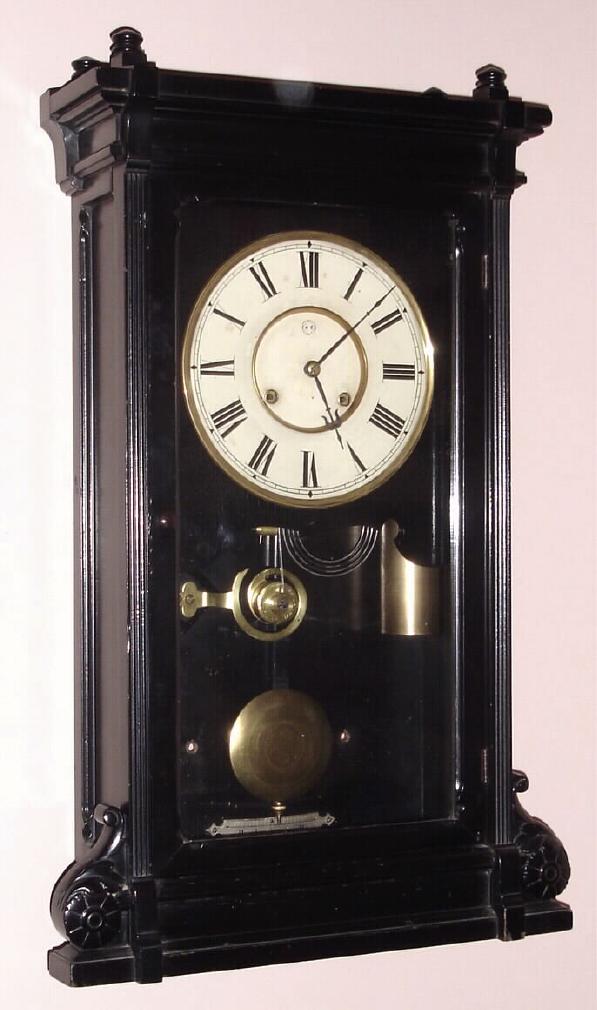 Seth Thomas Clock Co., Thomaston, Conn, C.1896, "LINCOLN". 2-weight time and gong strike shelf clock, in an ebonized case. — Antique Clocks Price Guide