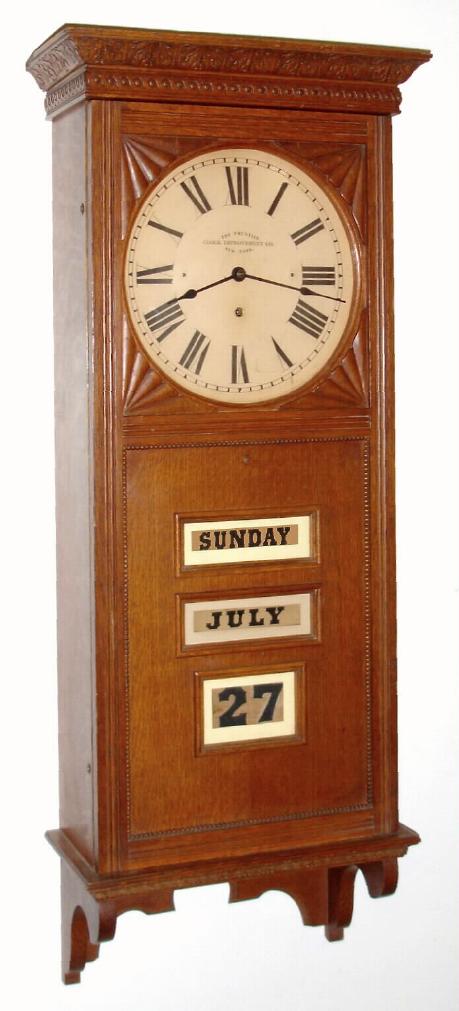 Prentiss Improvement Clock Co., C.1897, "STANDARD" WITH CALENDAR, 60 day duplex spring movement, oak cased. — Antique Clocks Price Guide