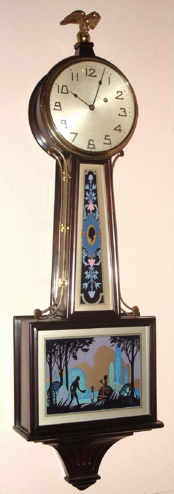 New Haven Clock Co., C.1925, WILLARD model banjo timepiece, weight driven, 8-day, with Art Deco blue, silver and black tablet set. — Antique Clocks Price Guide