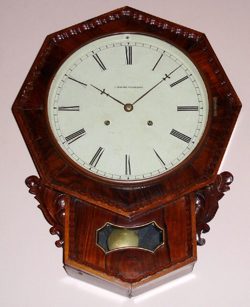 Chauncey Jerome, New Haven, Conn, C.1850, 2-Fusee, 8-day short drop ripple molded octagon, with Jerome's unique and LARGE double fusee movement, and the octagon turned one sixteenth, as Jerome chose for this model. — Antique Clocks Price Guide