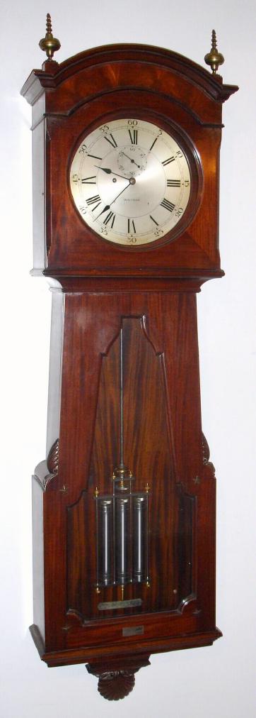 Waltham Clock Co., Waltham, Mass, C.1940, Custom regulator, made for E. S. French, President of the Boston and Maine Railway. With 3-jar mercury pendulum [nickel finished metal jars], and with dead beat escapement, Geneva stopwork and maintaining power. Weight descends left side of case. See condition for provenance. — Antique Clocks Price Guide