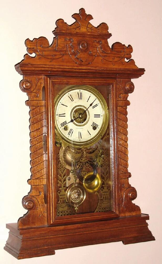 Seth Thomas Thomaston, Conn "COLLEGE NEW YORK" from the Seth Thomas College Series 8 day, half hour strike and alarm spring driven mvt in old oak case with gilt pan 6" dial, c1900 — Antique Clocks Price Guide